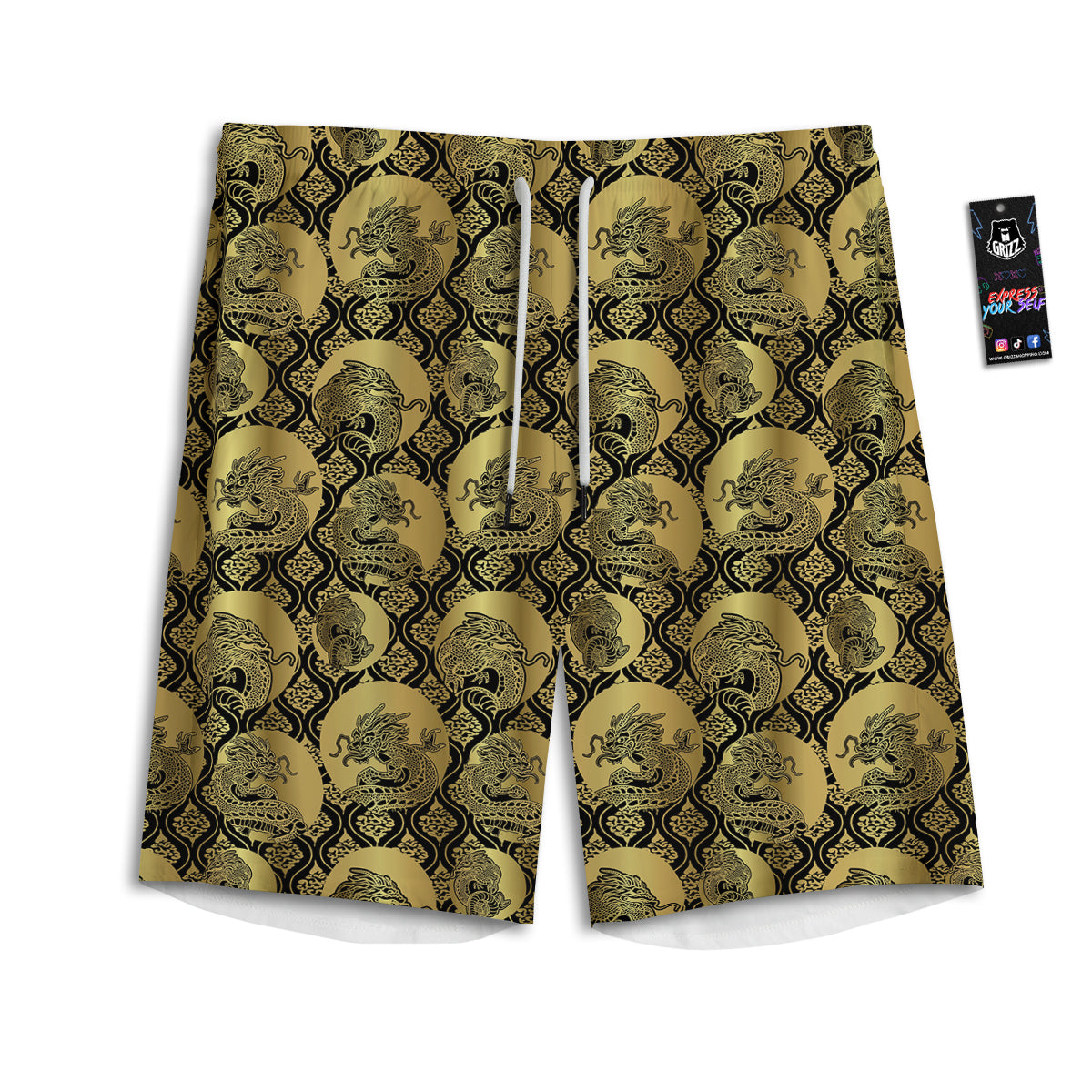 Dragon Gold And Black Print Pattern Men's Athletic Shorts