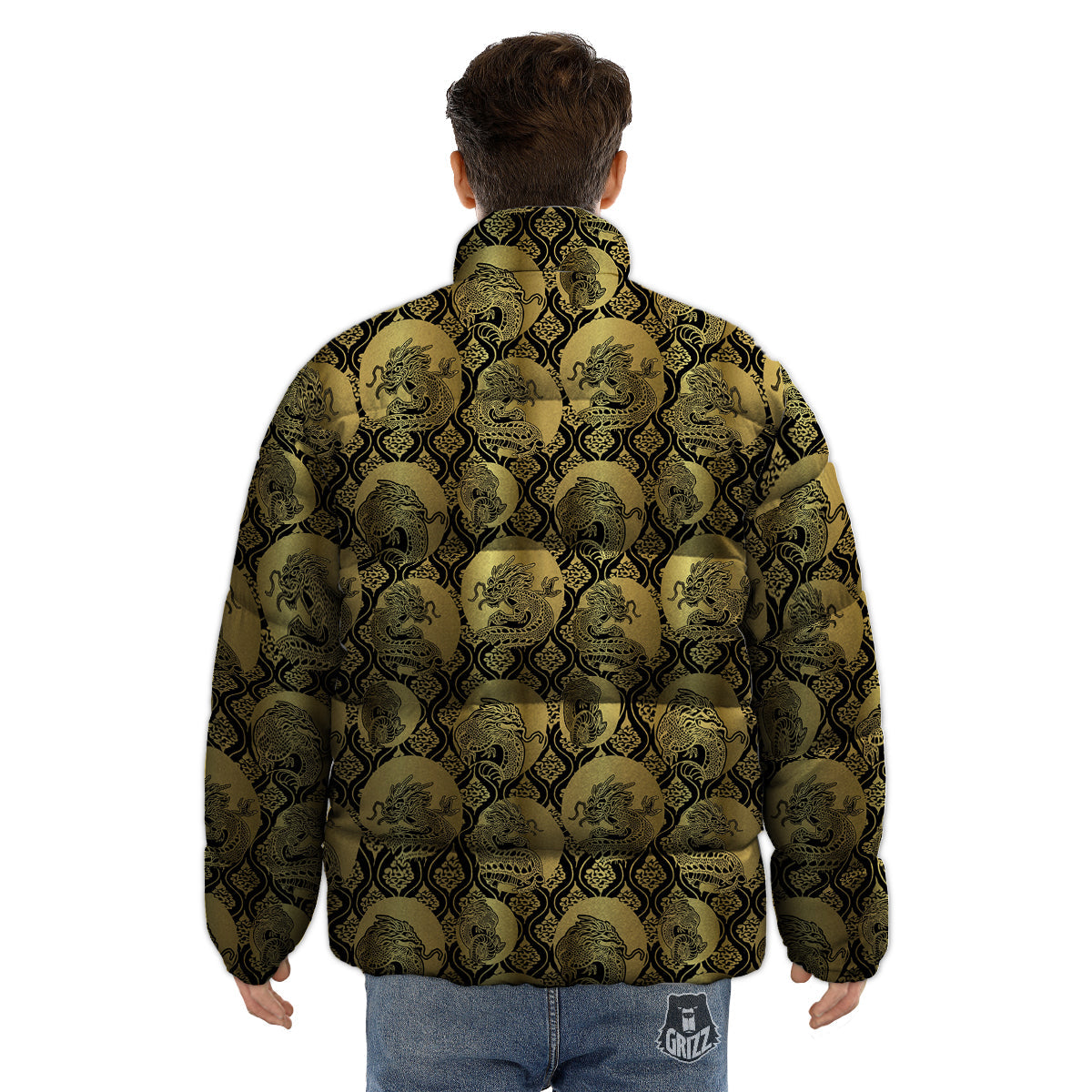 Dragon Gold And Black Print Pattern Puffer Jacket-grizzshop