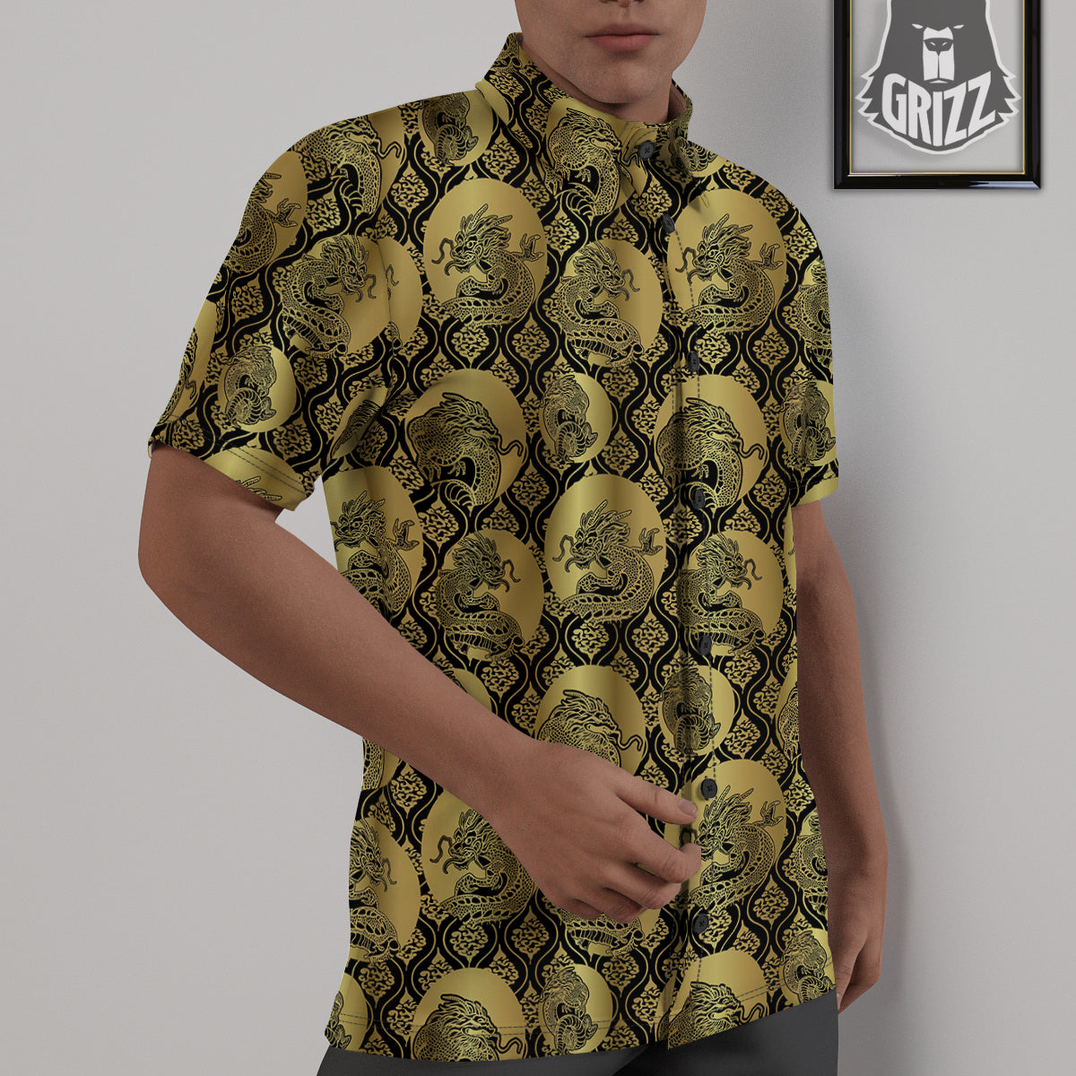 Dragon Gold And Black Print Pattern Untucked Shirts-grizzshop