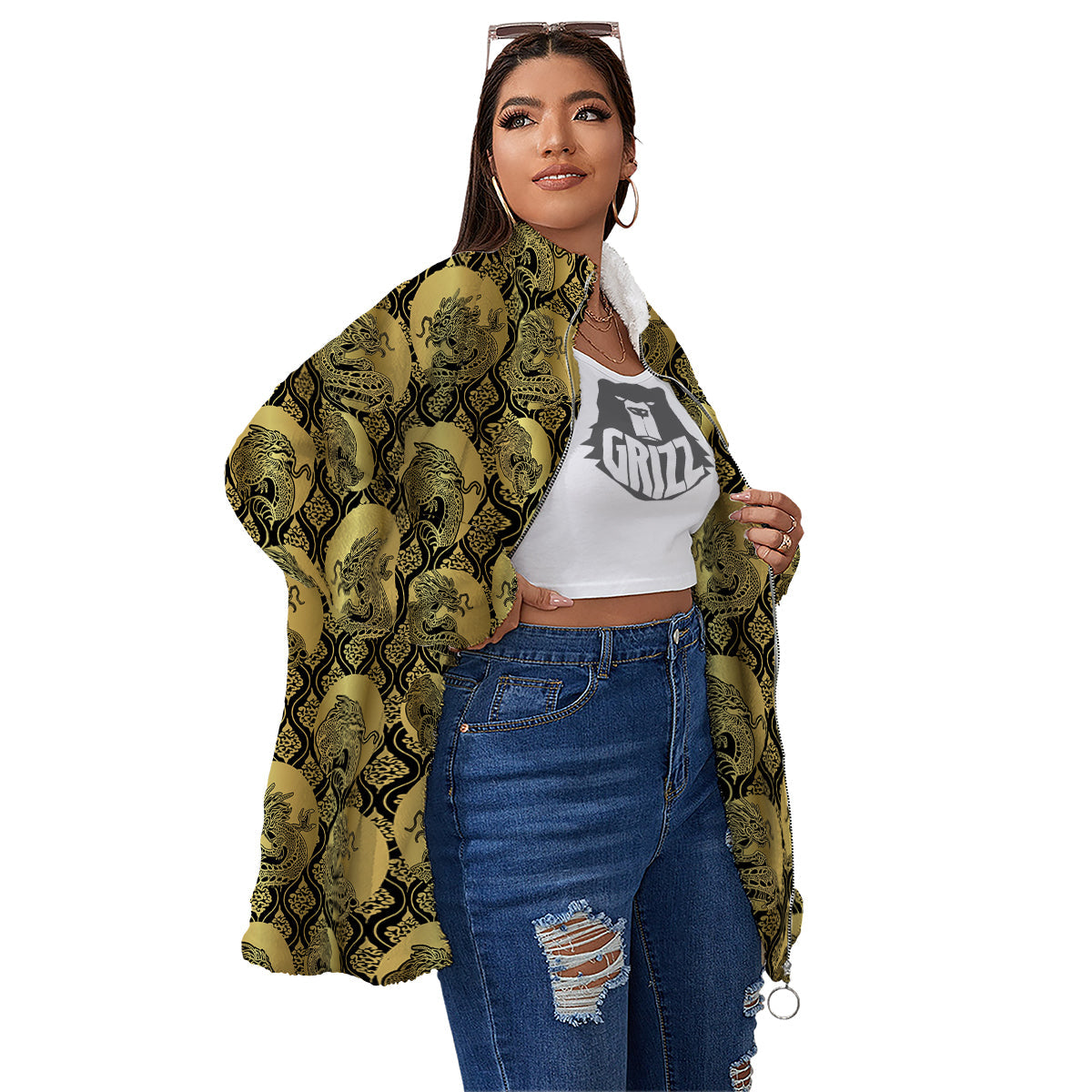 Dragon Gold And Black Print Pattern Women's Sherpa Jacket-grizzshop