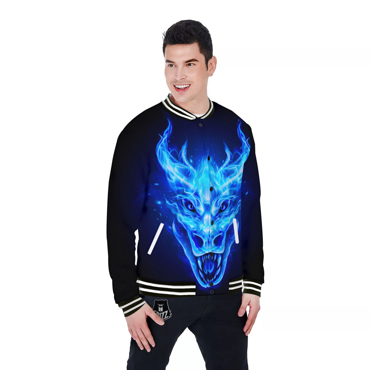 Dragon Head in Blue Flame Print Baseball Jacket-grizzshop