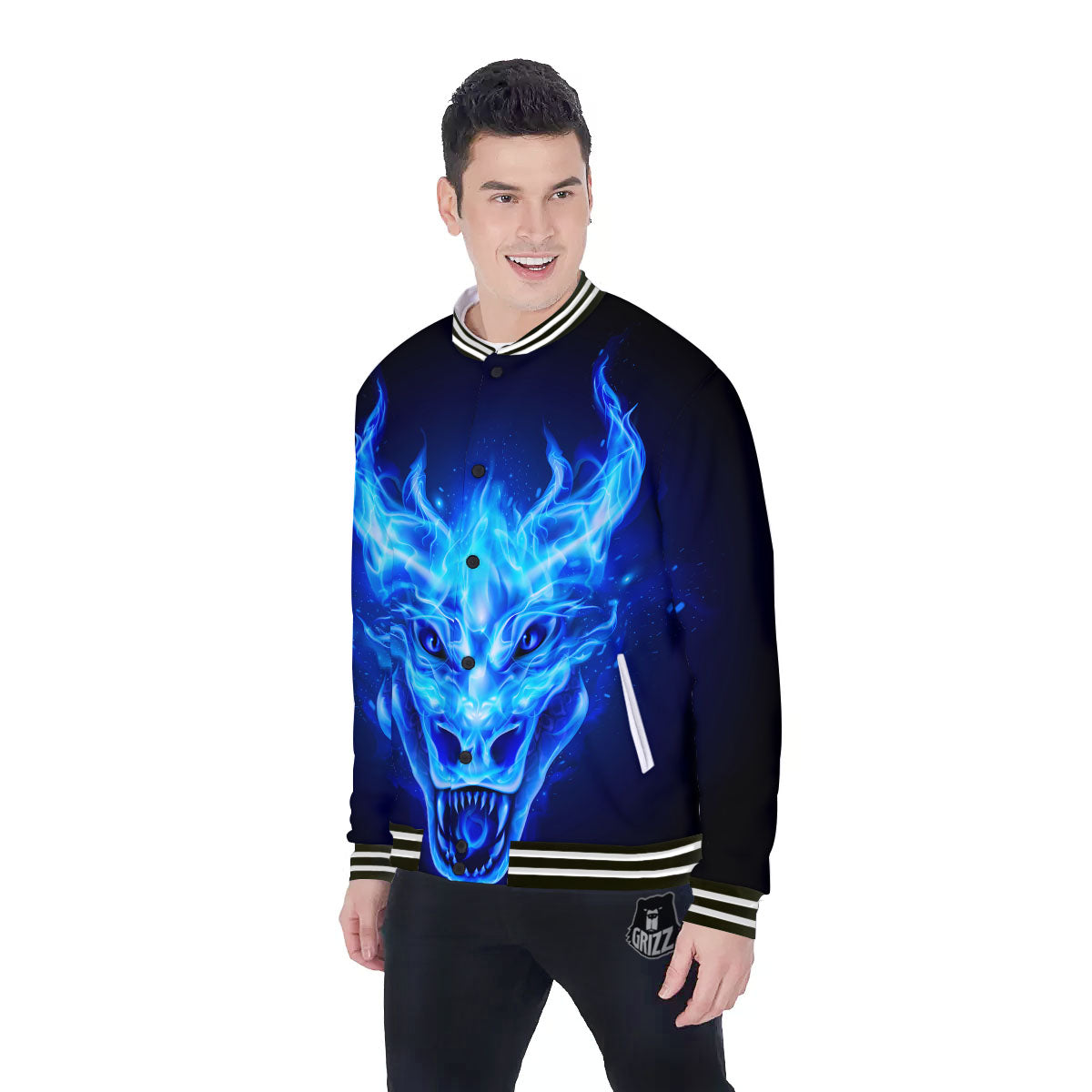 Dragon Head in Blue Flame Print Baseball Jacket-grizzshop