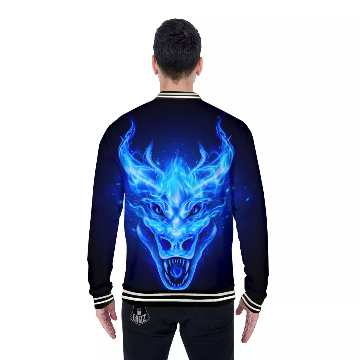 Dragon Head in Blue Flame Print Baseball Jacket-grizzshop