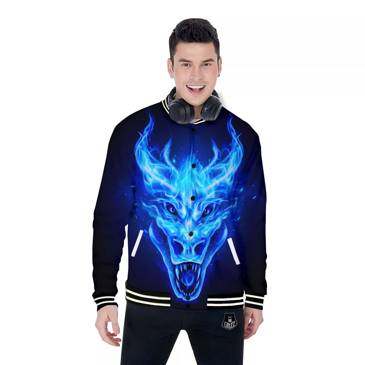 Dragon Head in Blue Flame Print Baseball Jacket-grizzshop