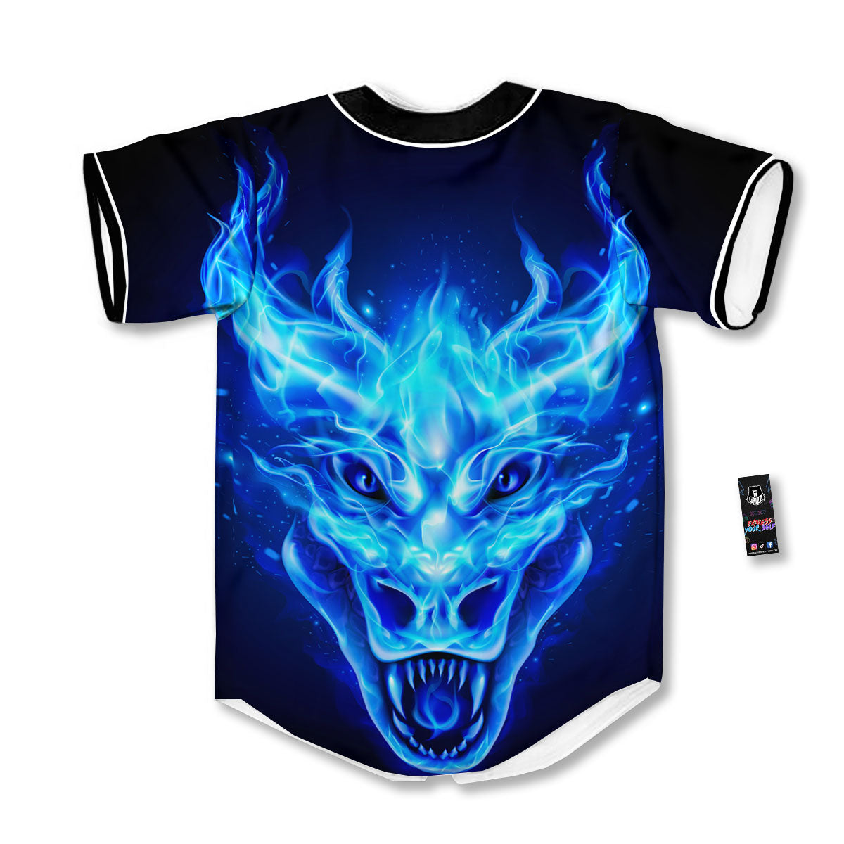 Dragon Head in Blue Flame Print Baseball Jersey-grizzshop