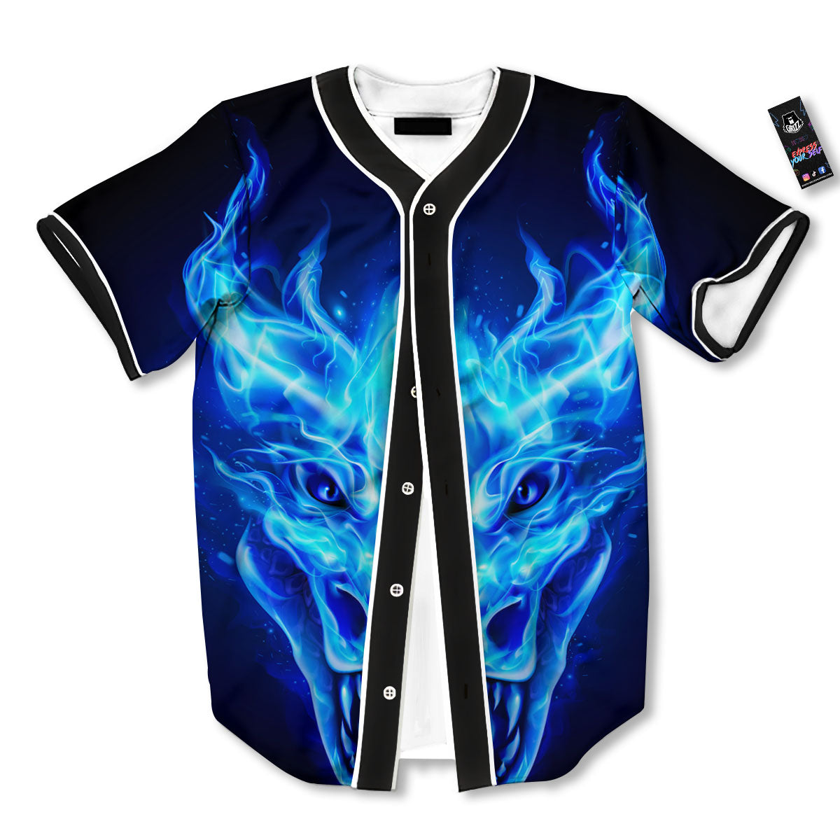 Dragon Head in Blue Flame Print Baseball Jersey-grizzshop