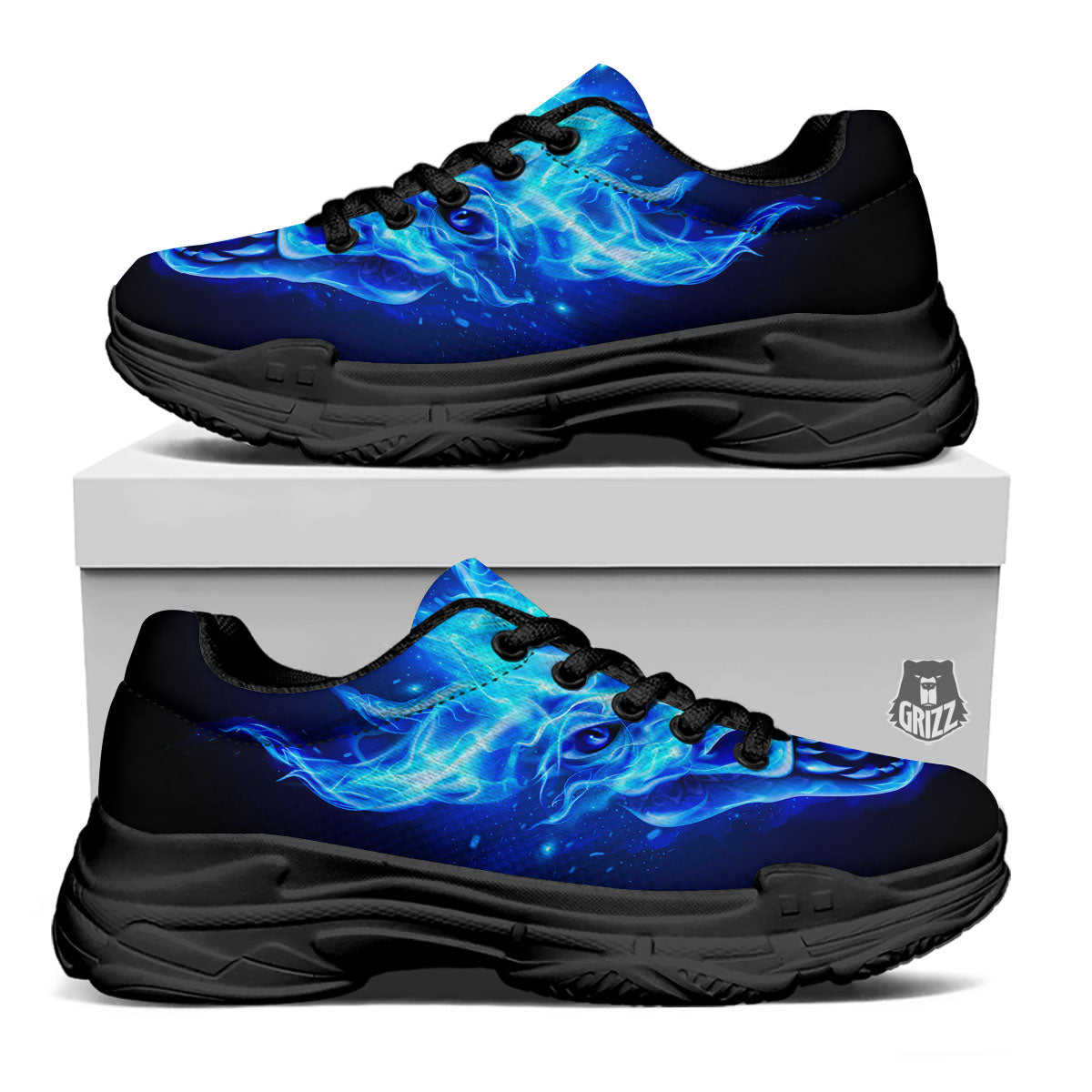 Dragon Head in Blue Flame Print Black Chunky Shoes-grizzshop