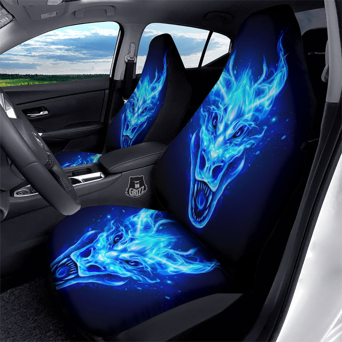 Dragon Head in Blue Flame Print Car Seat Covers-grizzshop