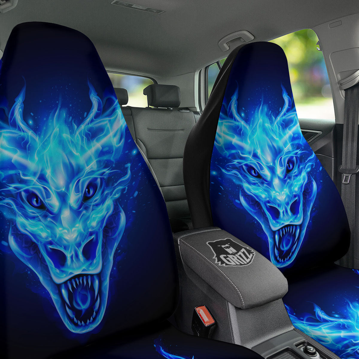 Dragon Head in Blue Flame Print Car Seat Covers-grizzshop