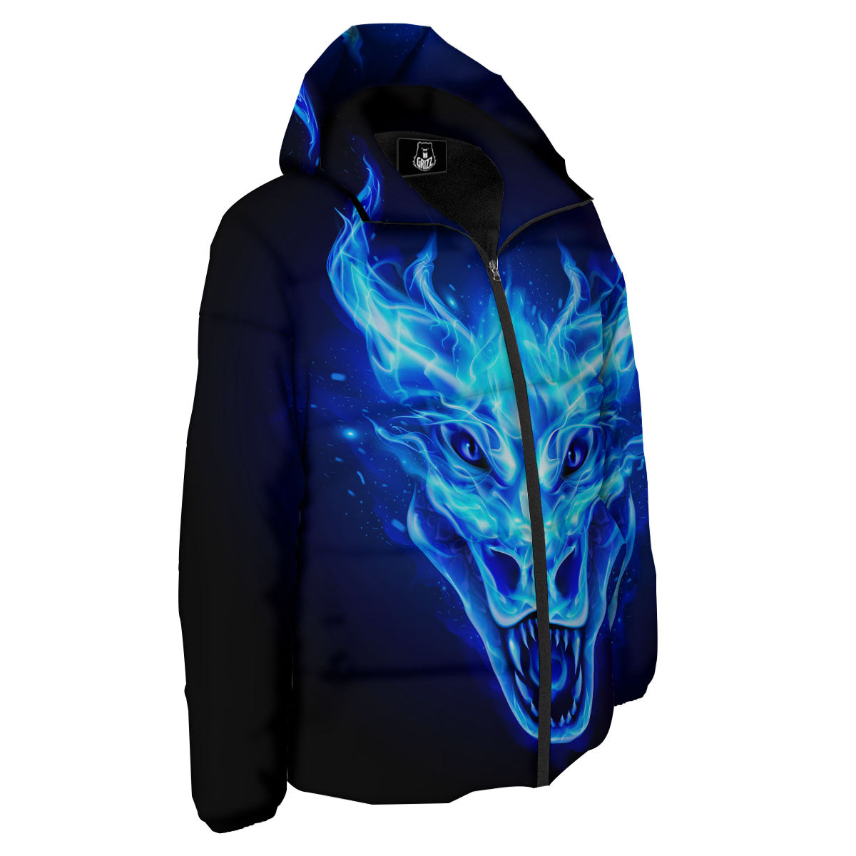 Dragon Head in Blue Flame Print Down Jacket-grizzshop