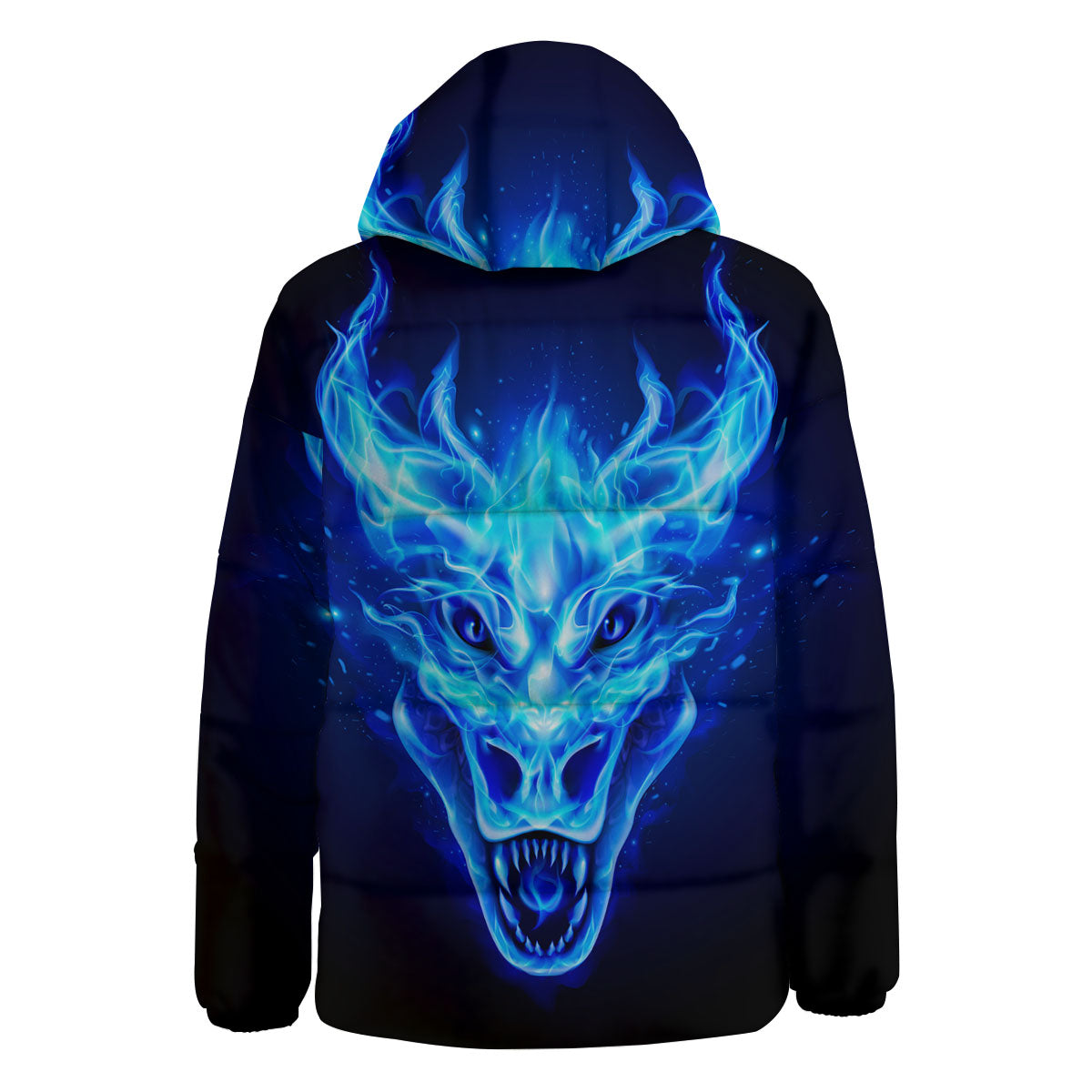 Dragon Head in Blue Flame Print Down Jacket-grizzshop