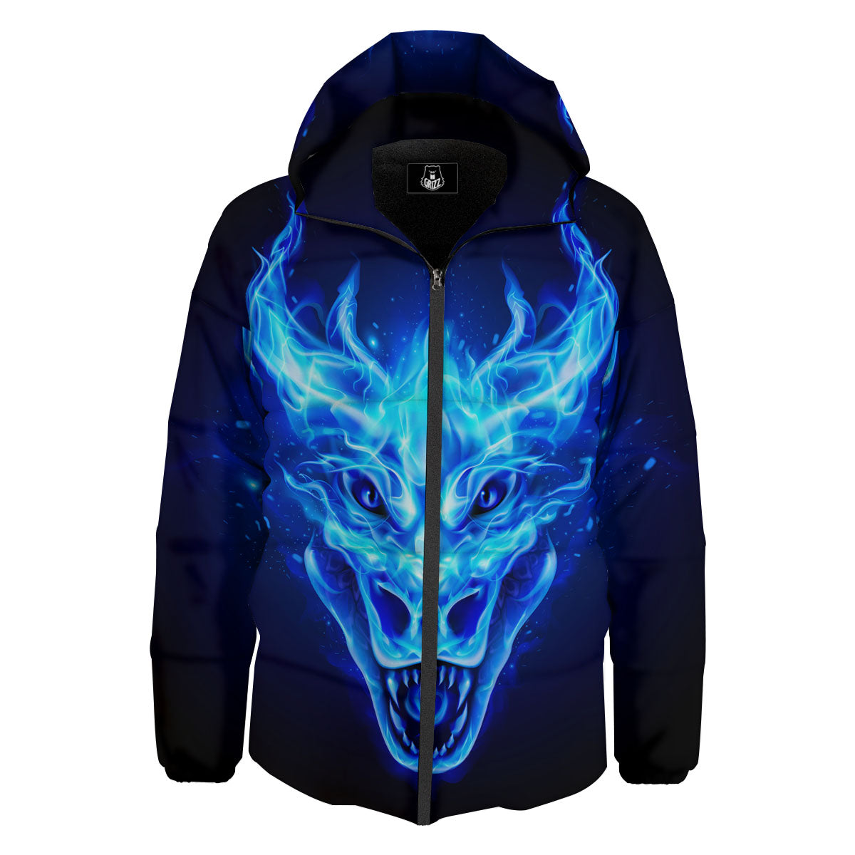 Dragon Head in Blue Flame Print Down Jacket-grizzshop