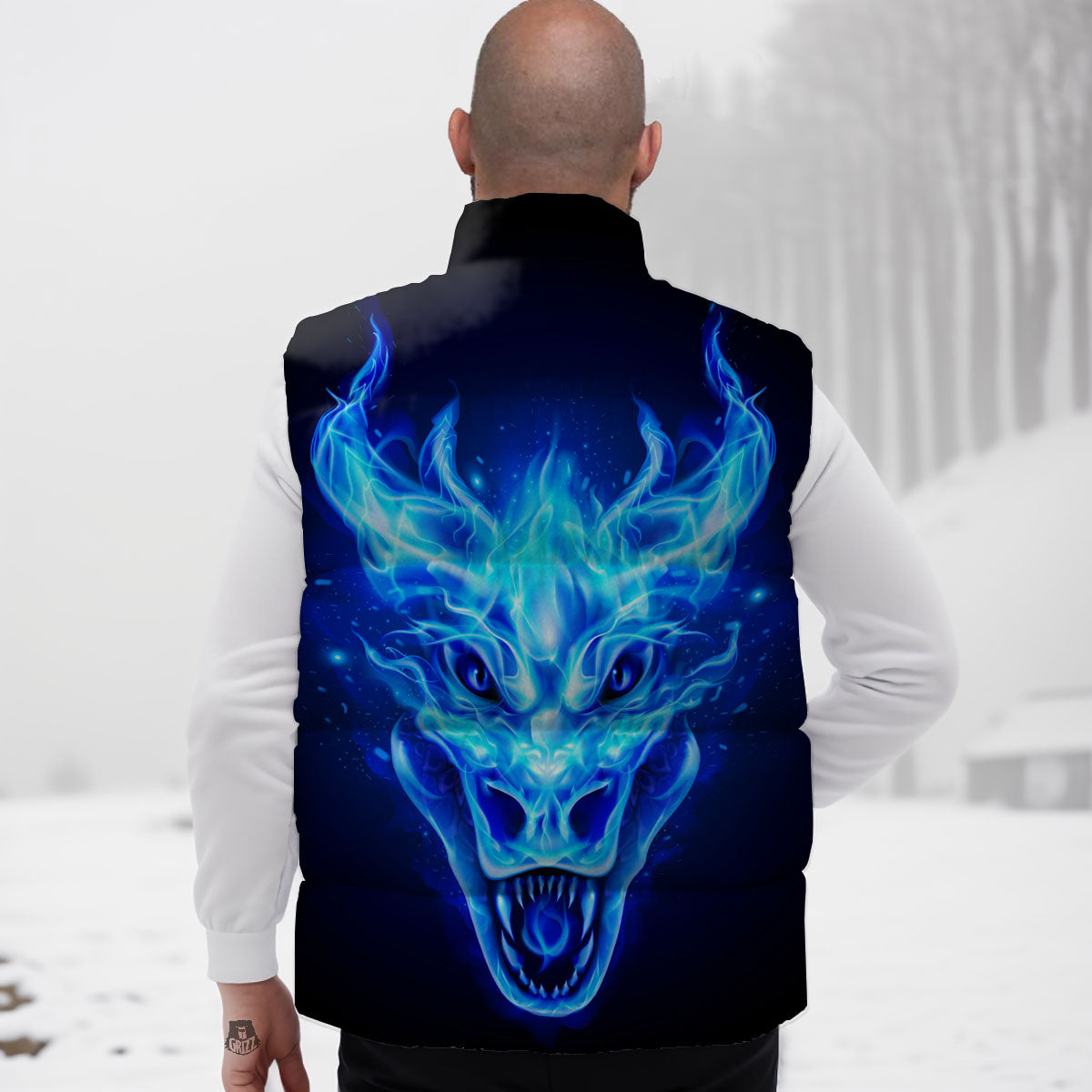 Dragon Head in Blue Flame Print Down Vest