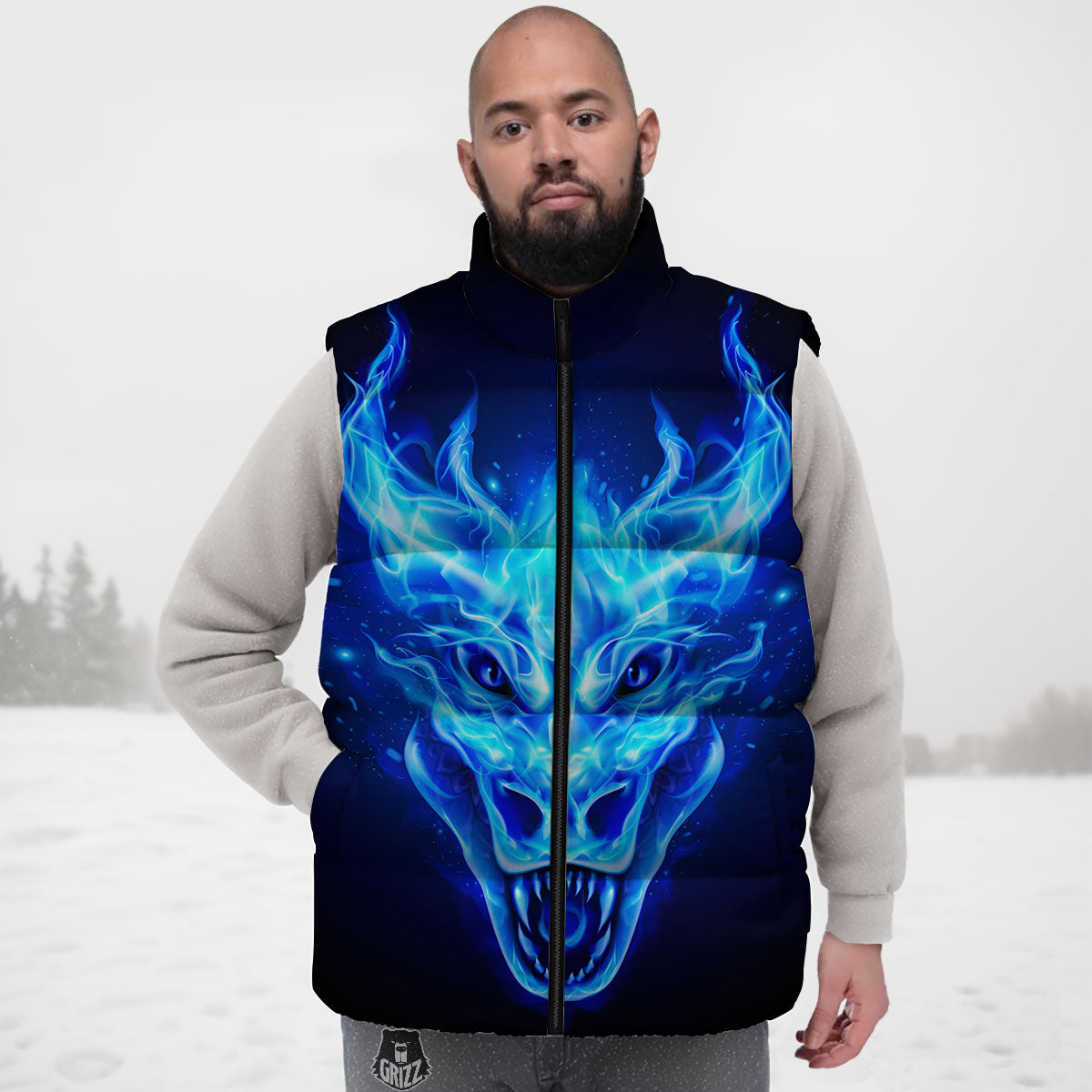 Dragon Head in Blue Flame Print Down Vest