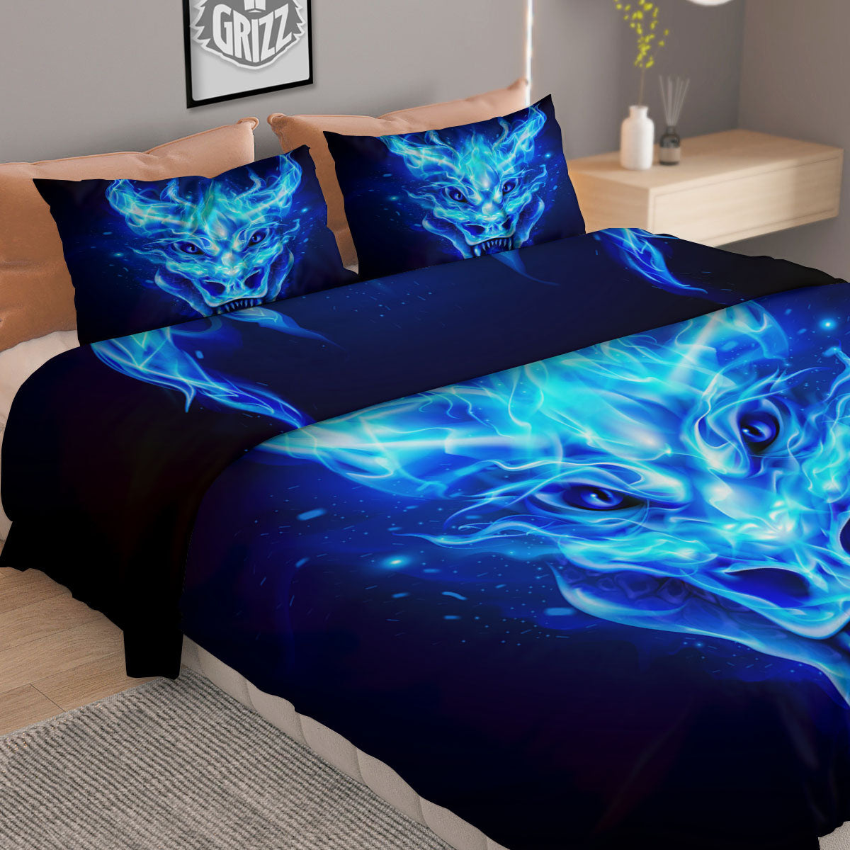 Dragon Head in Blue Flame Print Duvet Cover Bedding Set