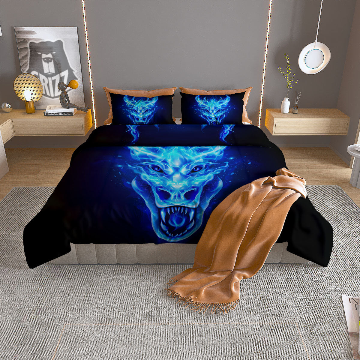 Dragon Head in Blue Flame Print Duvet Cover Bedding Set