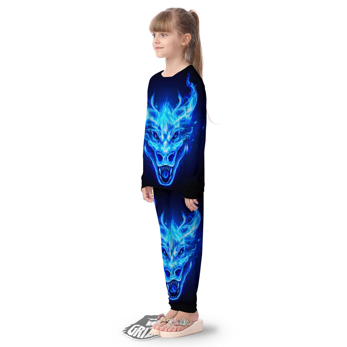 Dragon Head in Blue Flame Print Kid's Pajamas-grizzshop