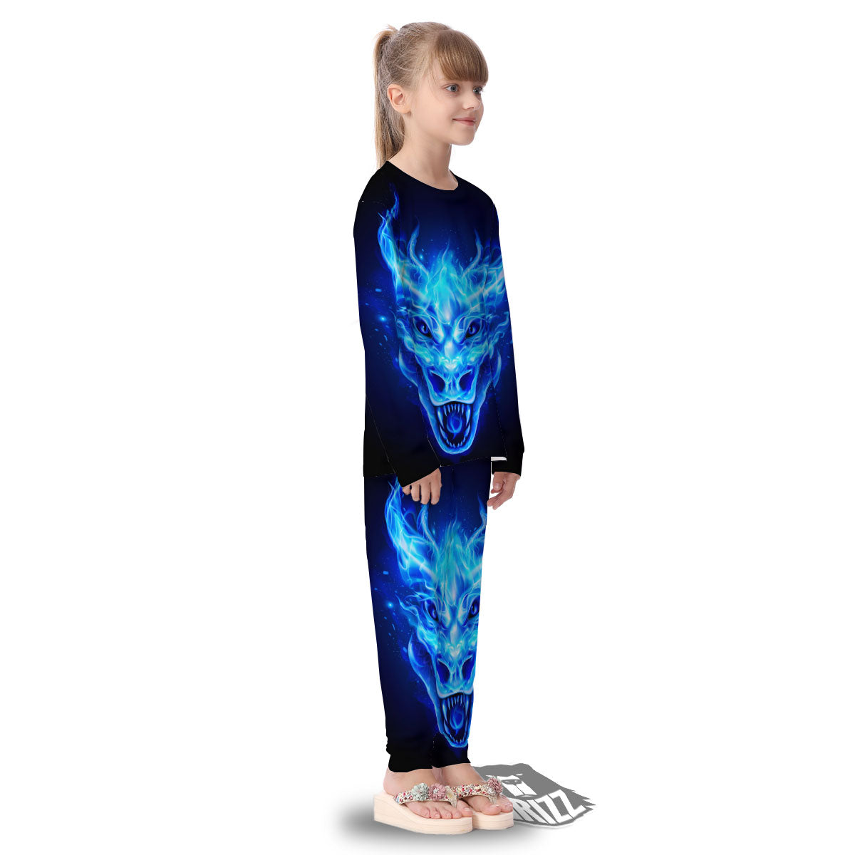 Dragon Head in Blue Flame Print Kid's Pajamas-grizzshop