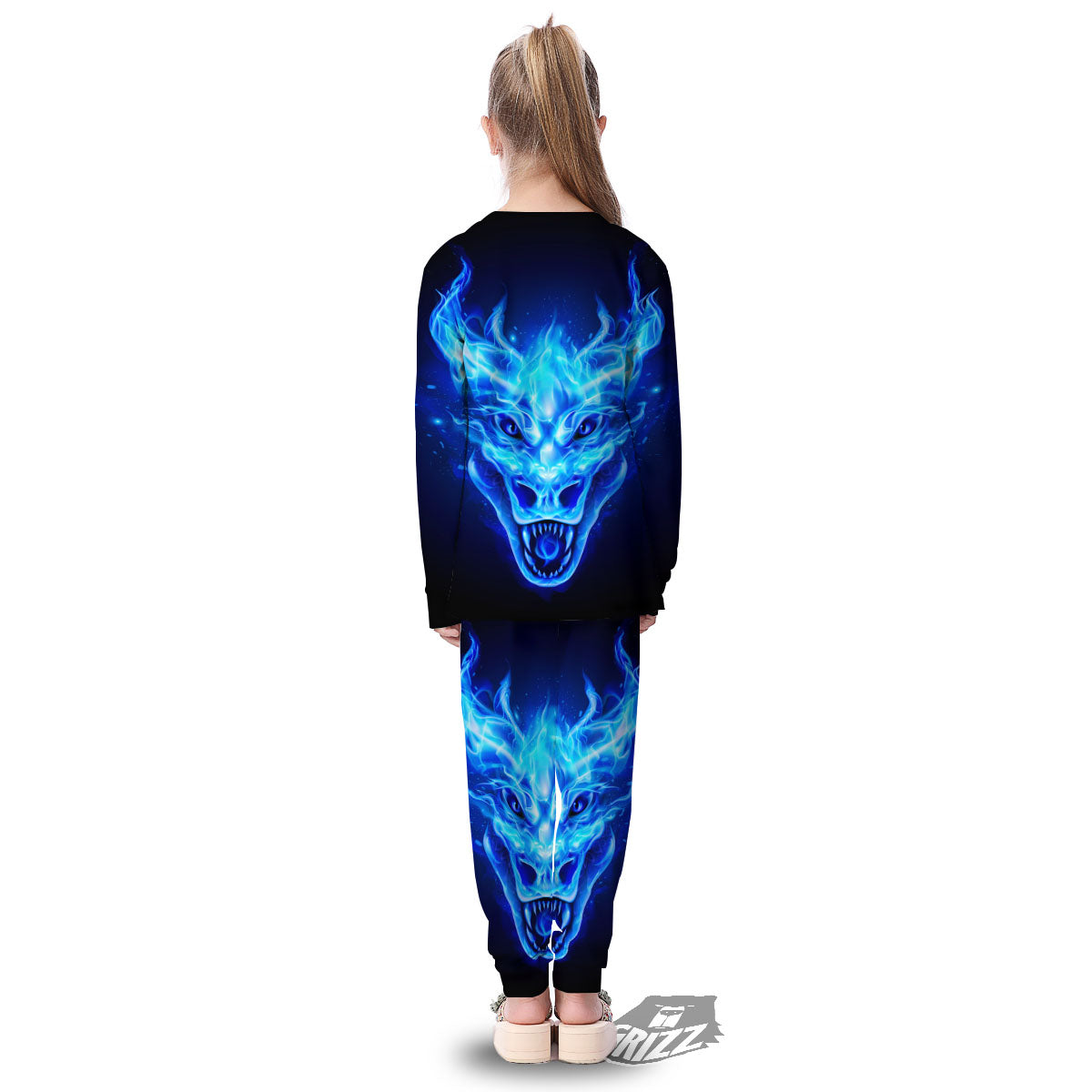 Dragon Head in Blue Flame Print Kid's Pajamas-grizzshop