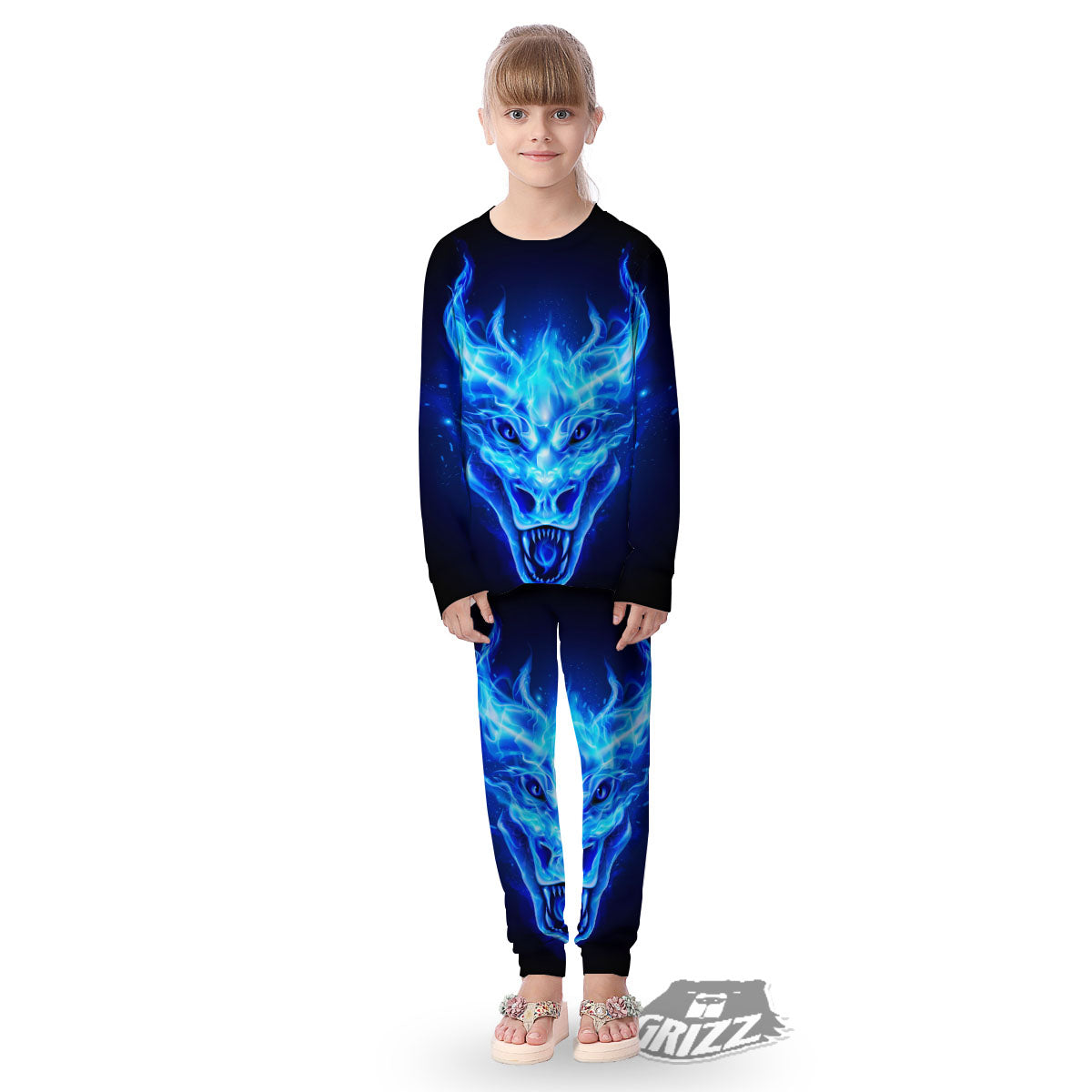 Dragon Head in Blue Flame Print Kid's Pajamas-grizzshop