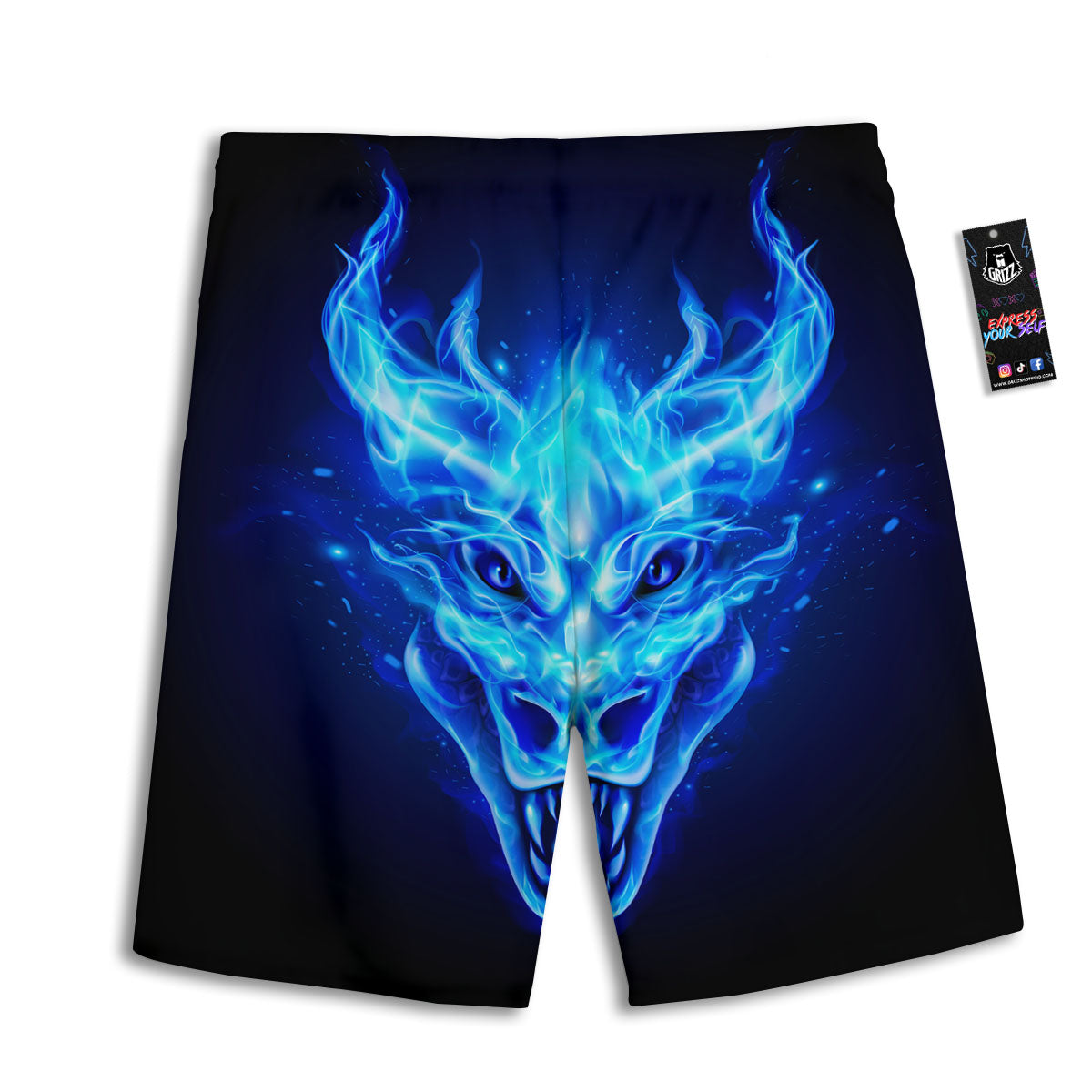 Dragon Head in Blue Flame Print Men's Athletic Shorts