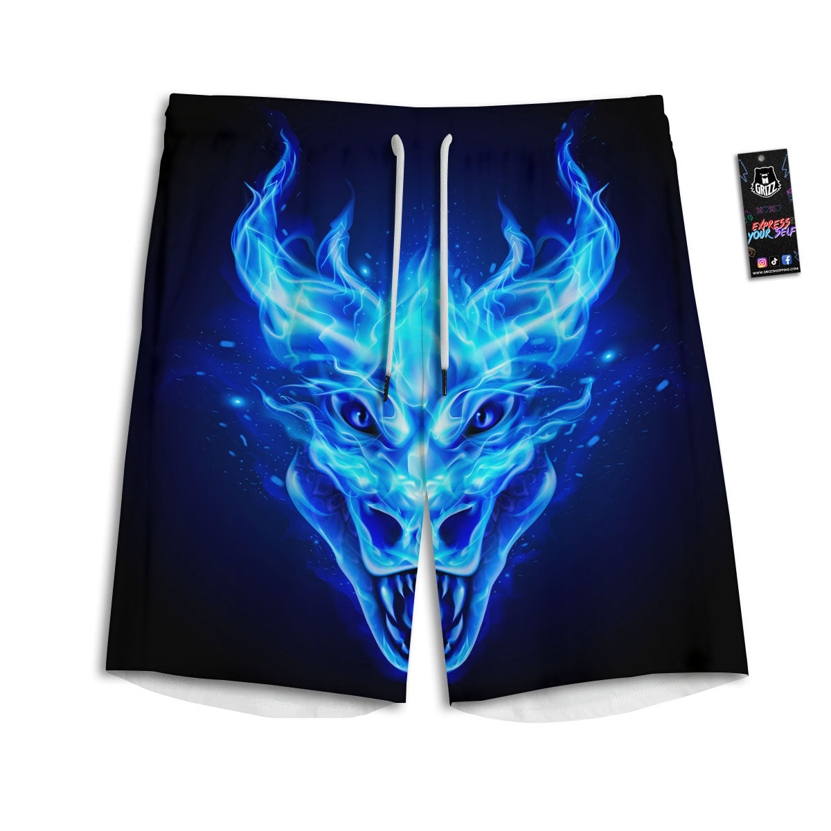Dragon Head in Blue Flame Print Men's Athletic Shorts
