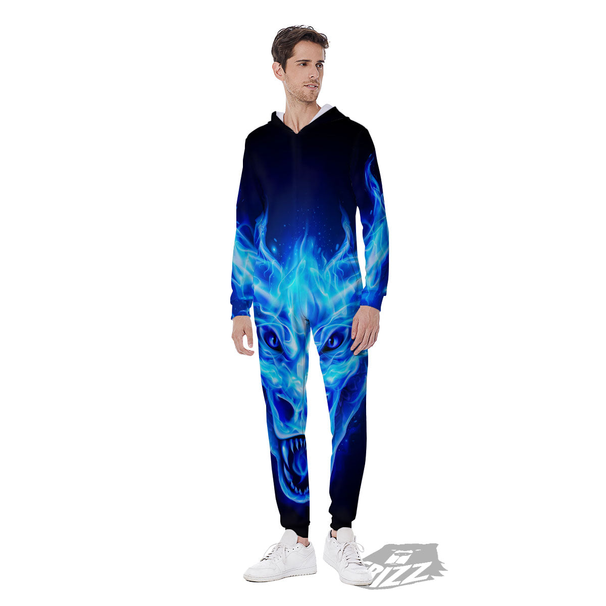 Dragon Head in Blue Flame Print Men's Jumpsuit-grizzshop