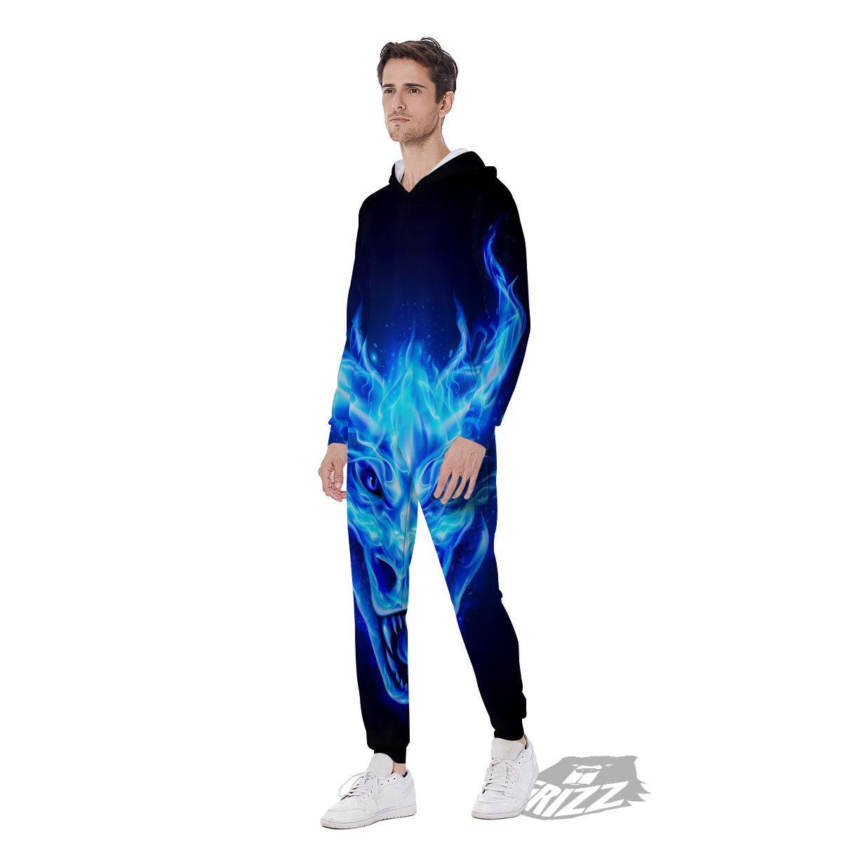 Dragon Head in Blue Flame Print Men's Jumpsuit-grizzshop