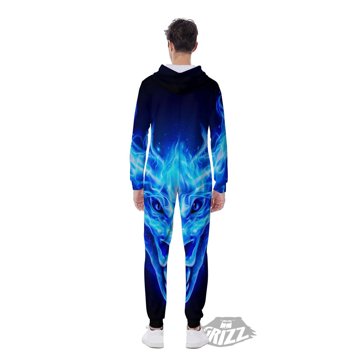 Dragon Head in Blue Flame Print Men's Jumpsuit-grizzshop