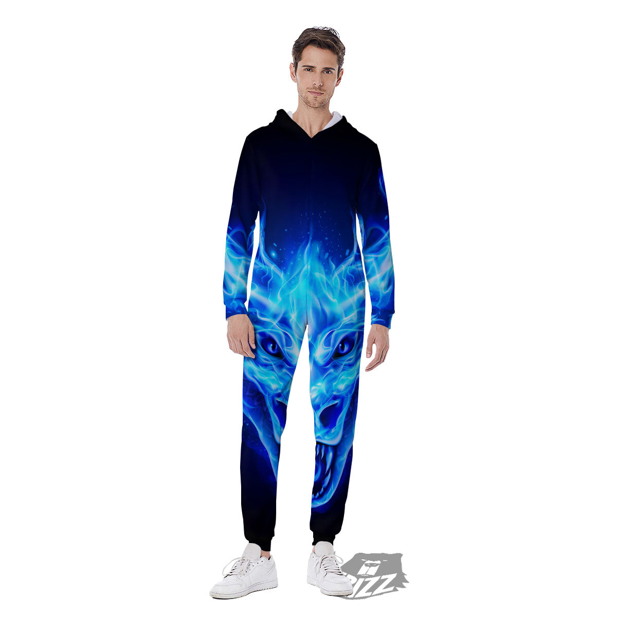 Dragon Head in Blue Flame Print Men's Jumpsuit-grizzshop
