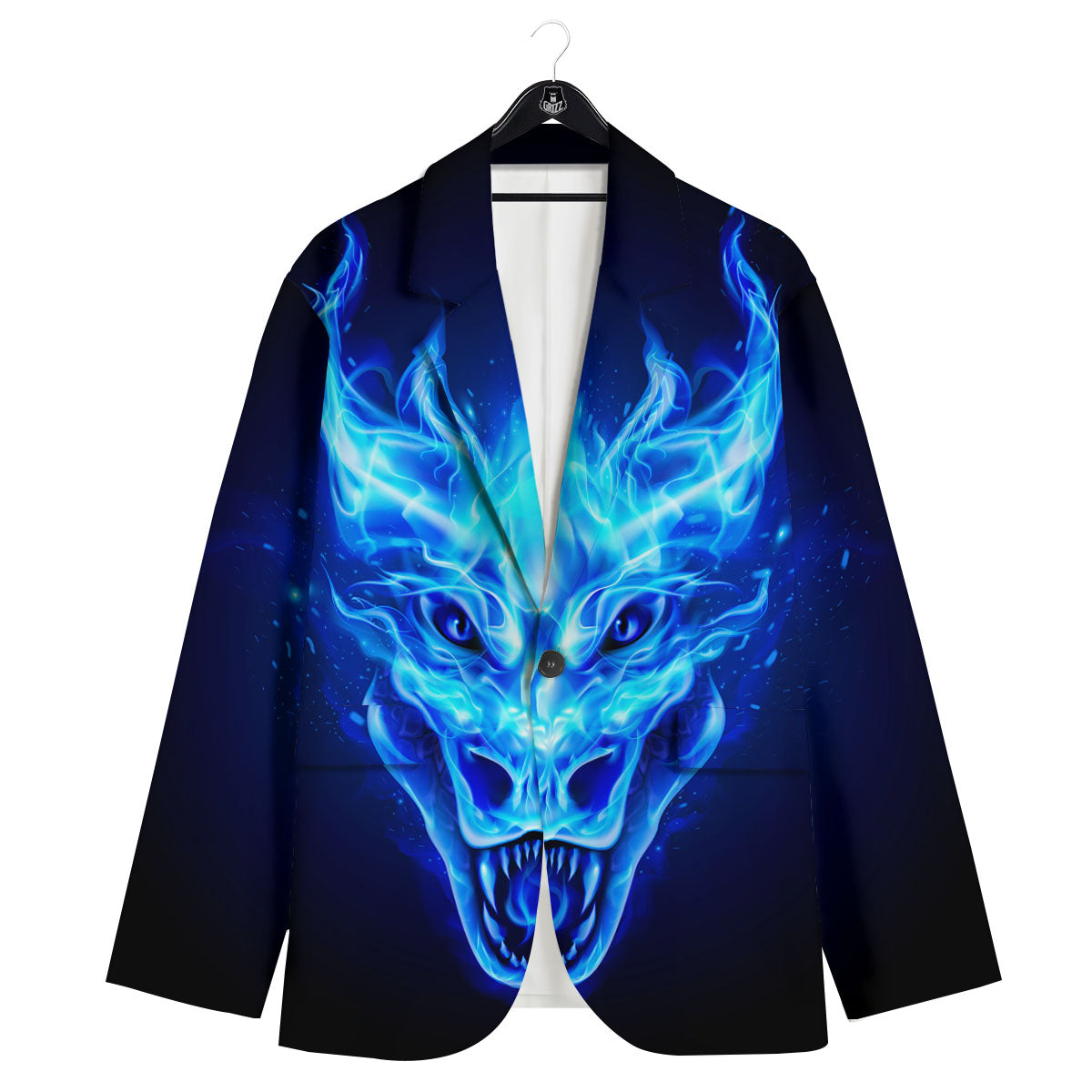 Dragon Head in Blue Flame Print Men's Sport Coat-grizzshop