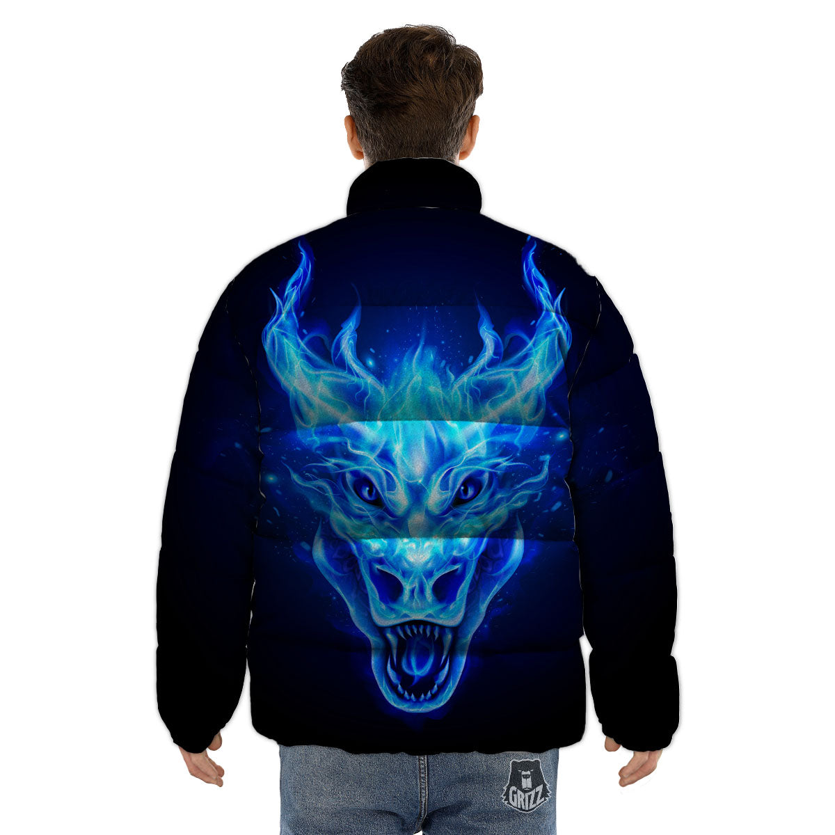 Dragon Head in Blue Flame Print Puffer Jacket-grizzshop