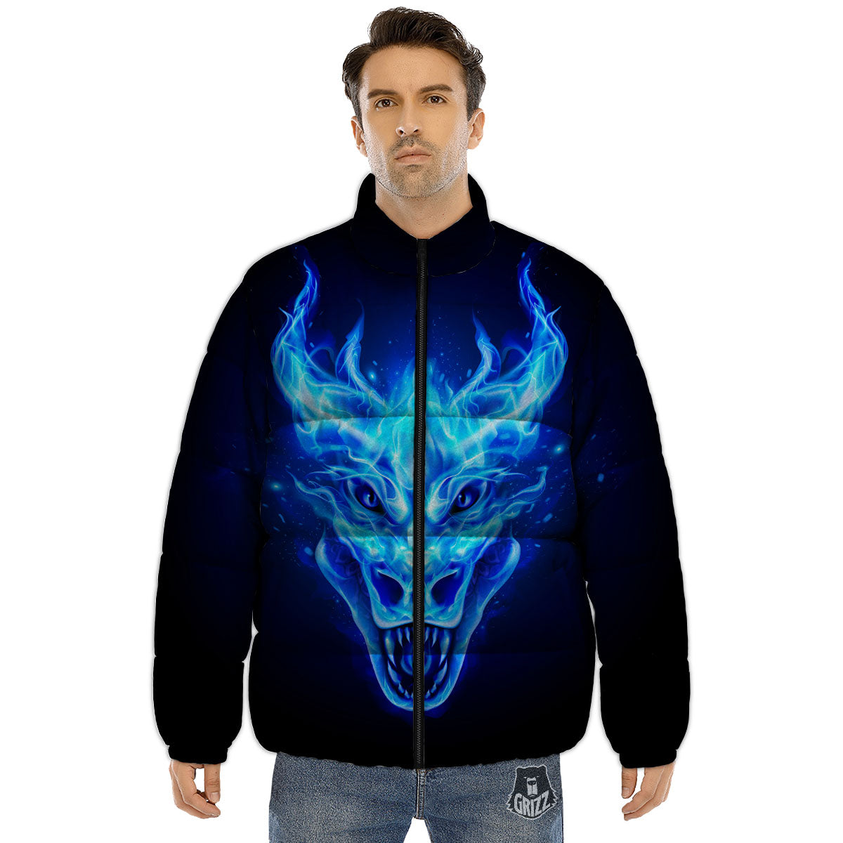 Dragon Head in Blue Flame Print Puffer Jacket-grizzshop