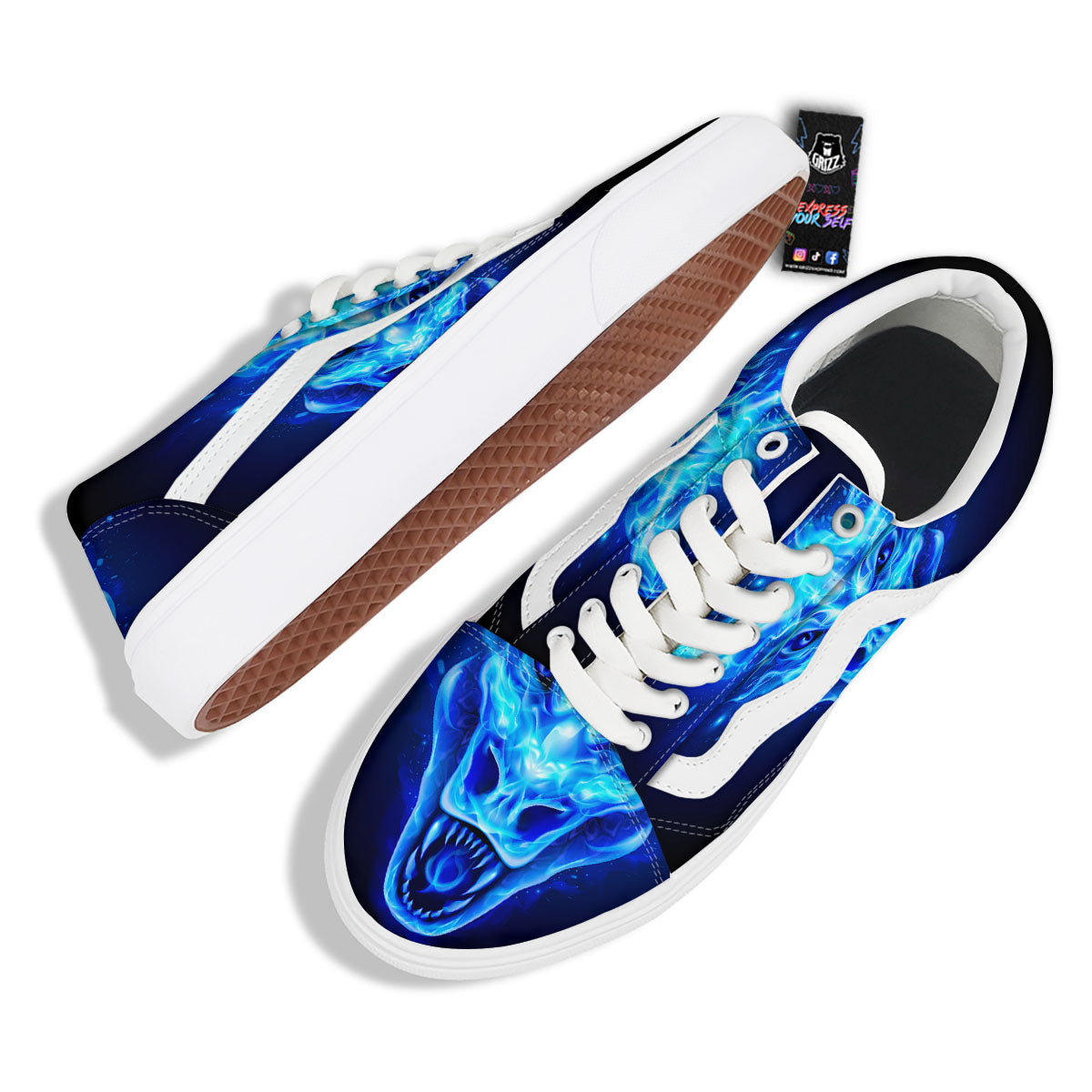 Dragon Head in Blue Flame Print Skate Shoes-grizzshop