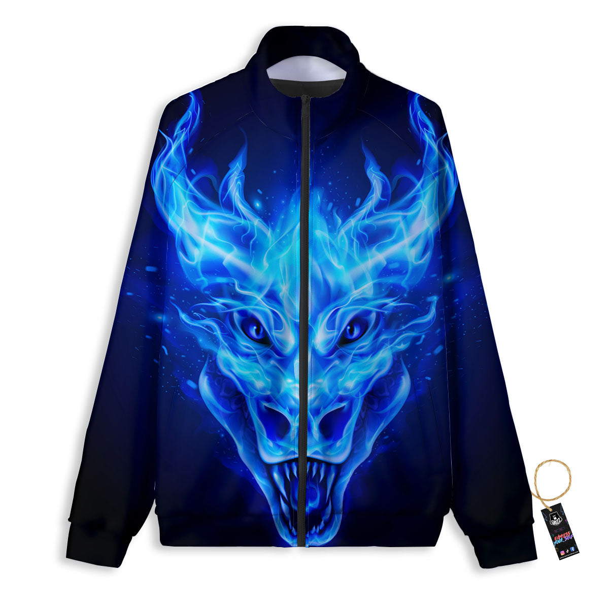 Dragon Head in Blue Flame Print Track Jacket-grizzshop