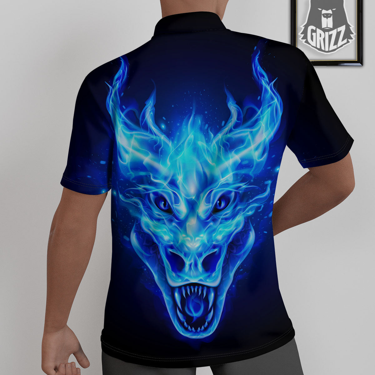 Dragon Head in Blue Flame Print Untucked Shirts-grizzshop