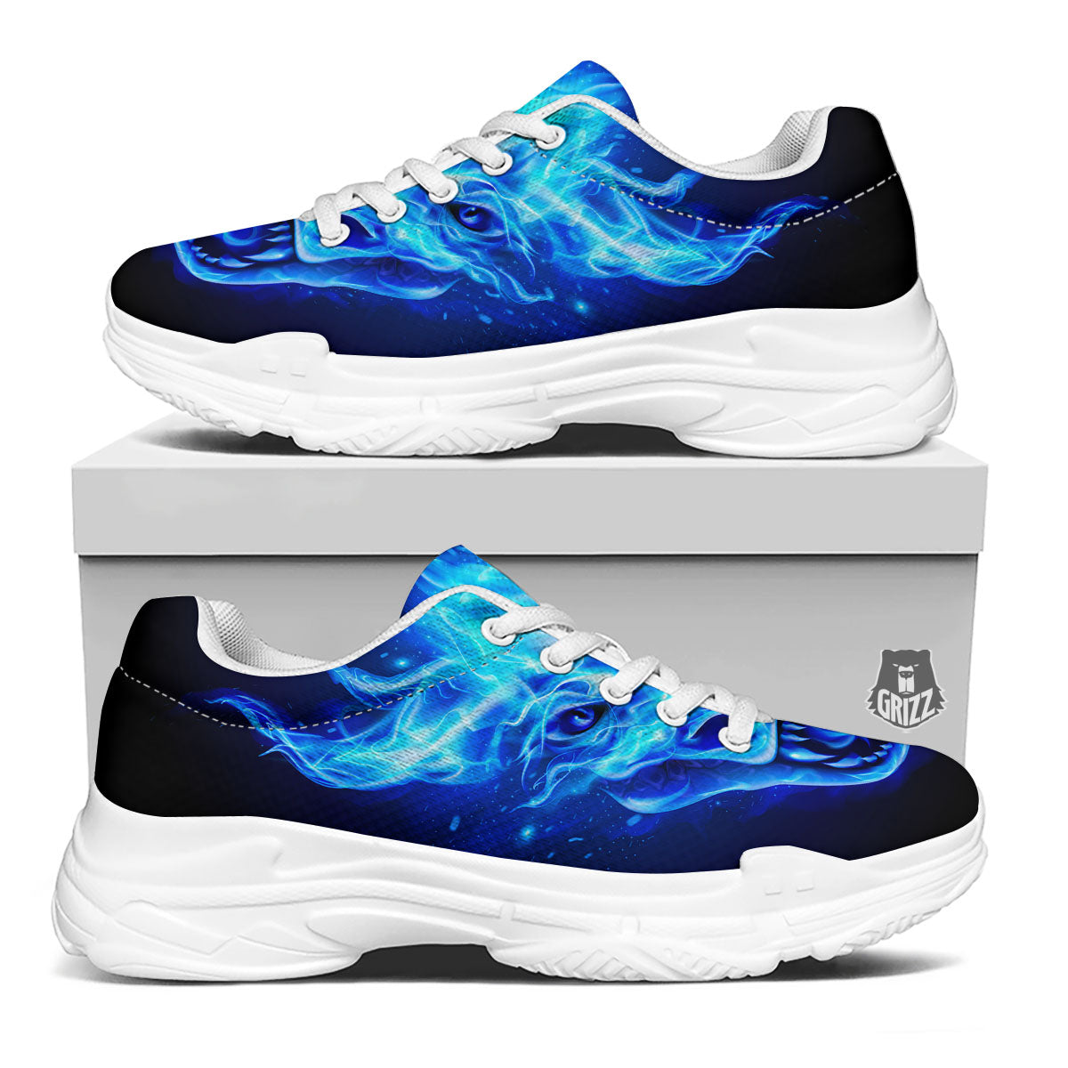Dragon Head in Blue Flame Print White Chunky Shoes-grizzshop