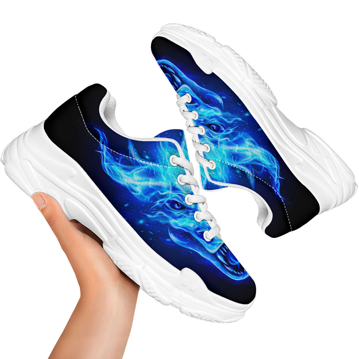 Dragon Head in Blue Flame Print White Chunky Shoes-grizzshop