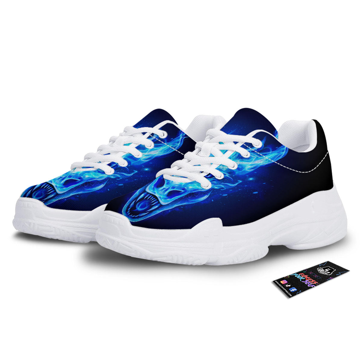 Dragon Head in Blue Flame Print White Chunky Shoes-grizzshop