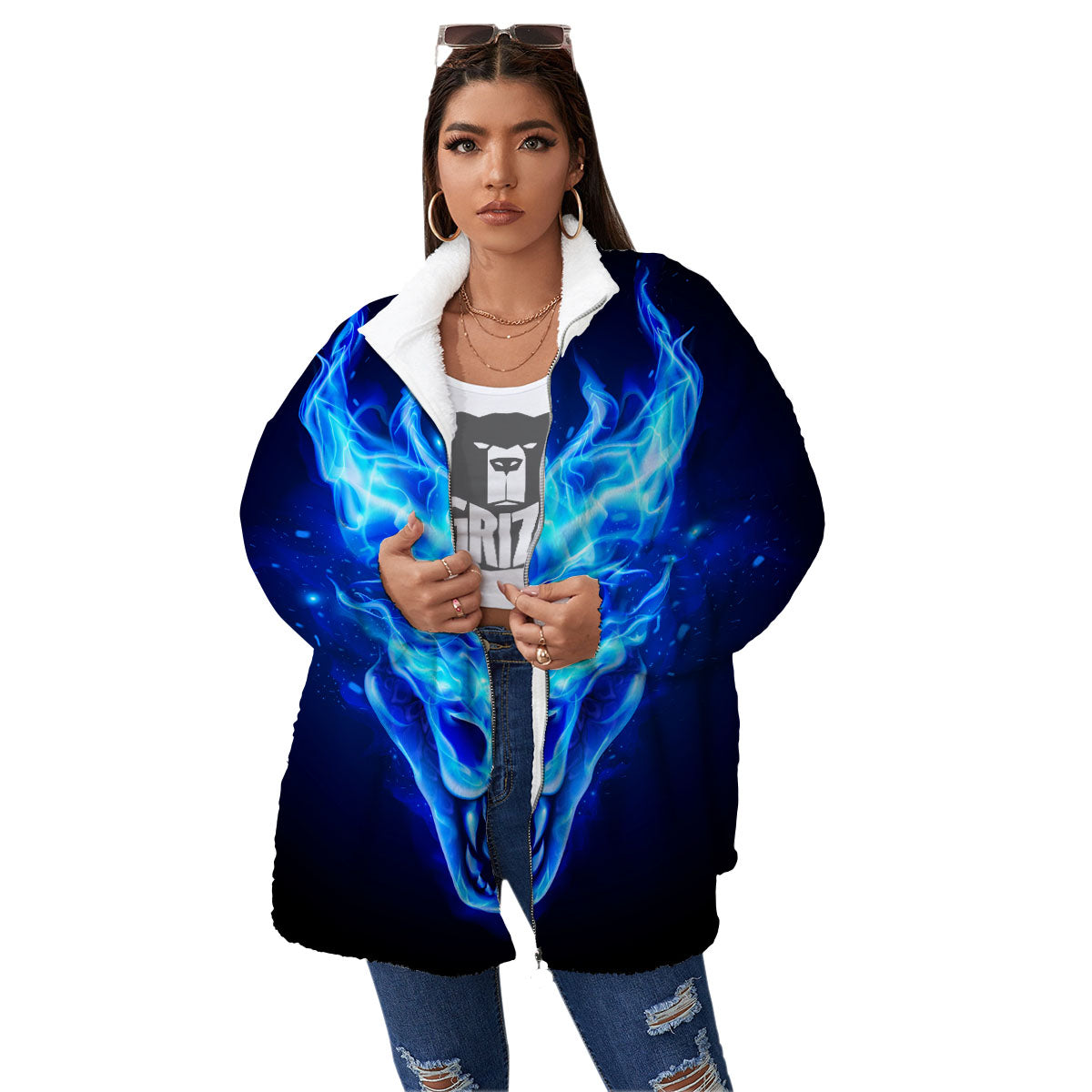 Dragon Head in Blue Flame Print Women's Sherpa Jacket-grizzshop