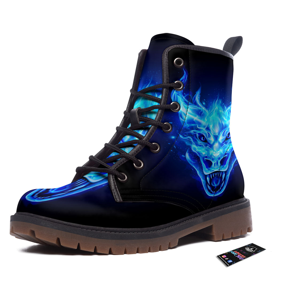 Dragon Head in Blue Flame Print Work Boots-grizzshop