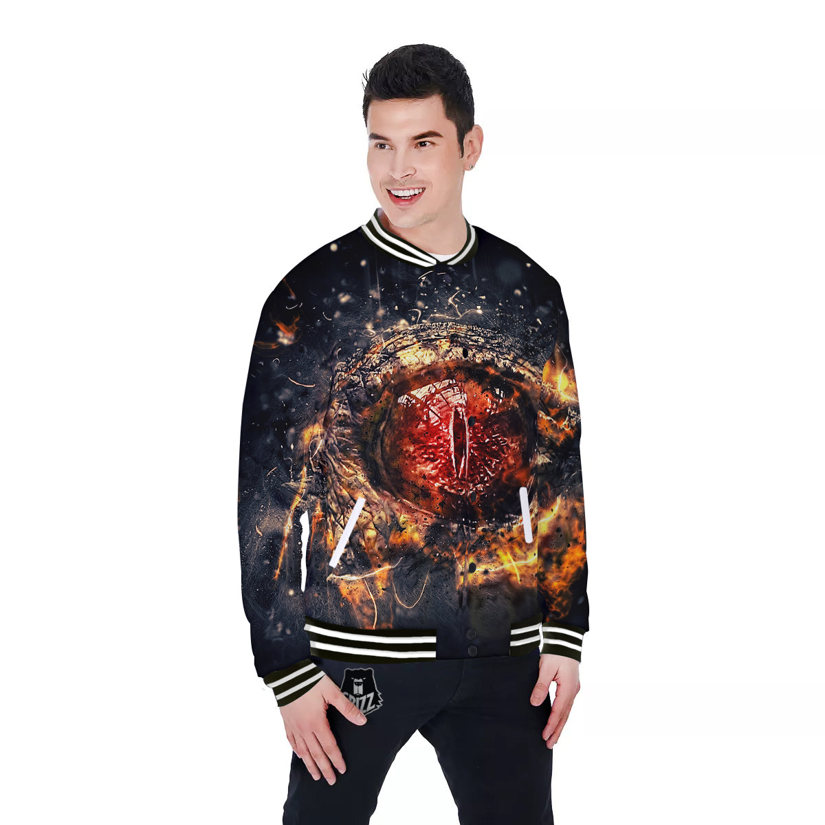 Dragon Red Eye Fire Print Baseball Jacket-grizzshop