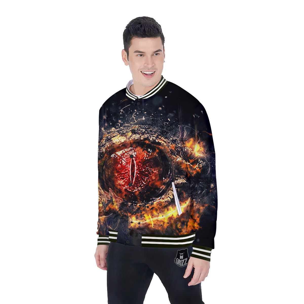 Dragon Red Eye Fire Print Baseball Jacket-grizzshop