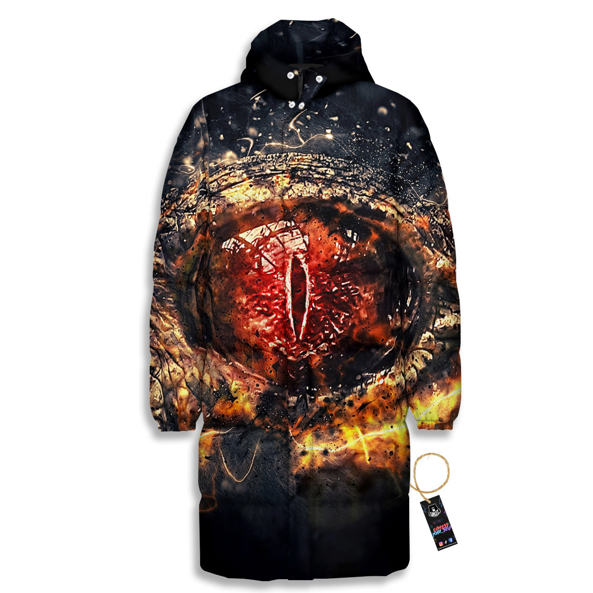 Dragon Red Eye Fire Print Long Down Jacket-grizzshop