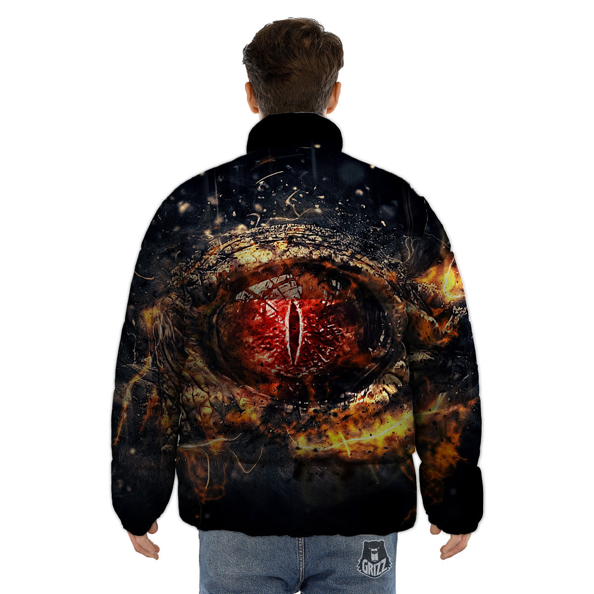 Dragon Red Eye Fire Print Puffer Jacket-grizzshop