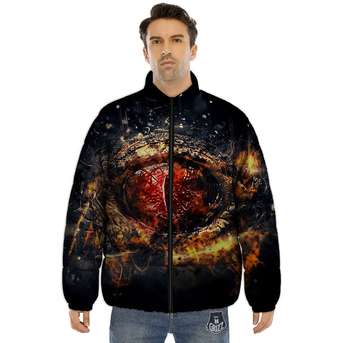 Dragon Red Eye Fire Print Puffer Jacket-grizzshop