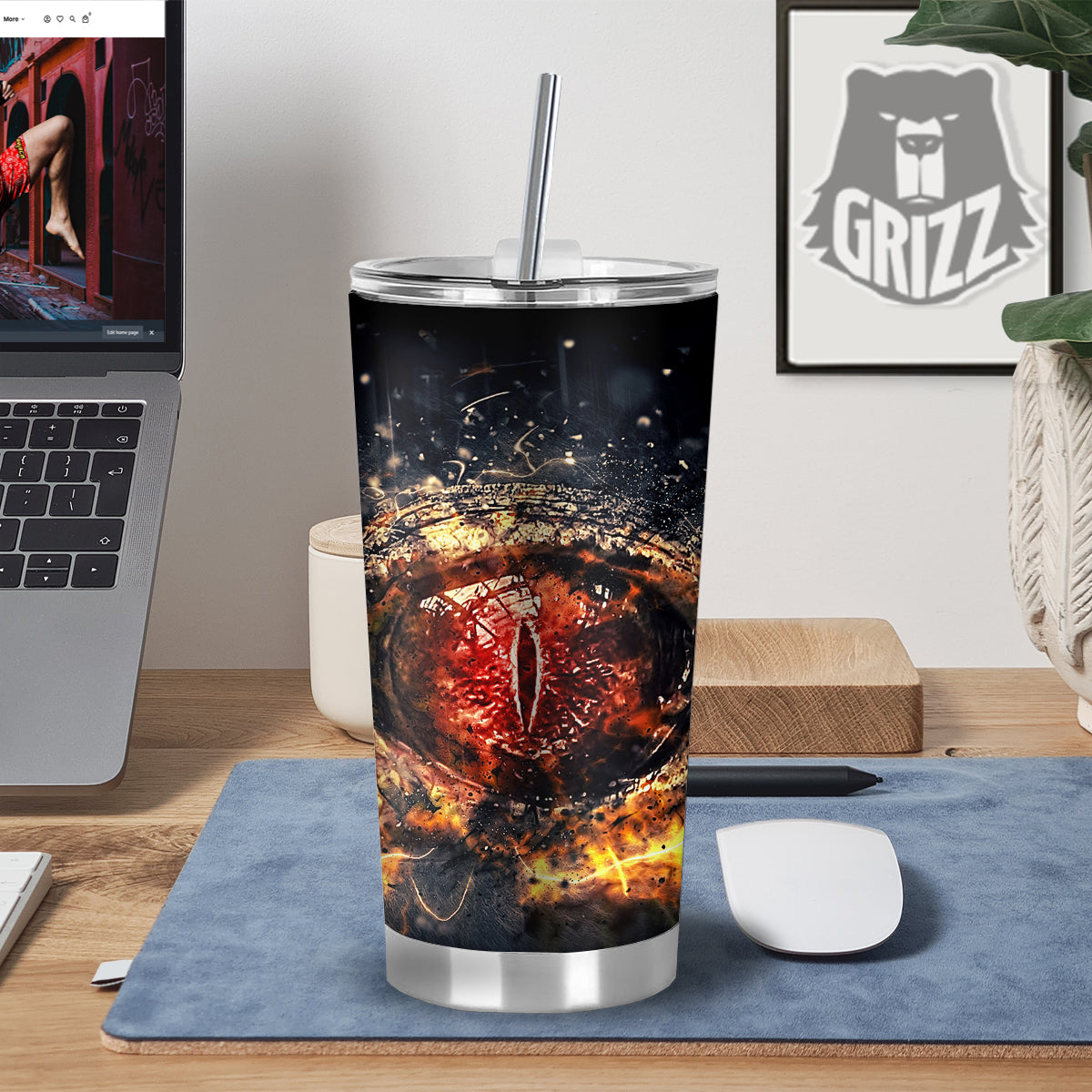 Dragon Red Eye Fire Print Tumbler-grizzshop