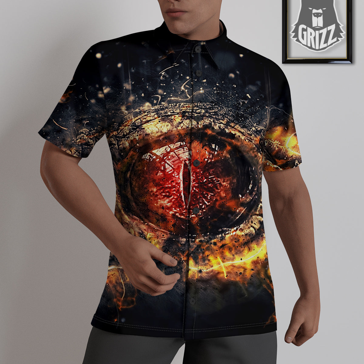 Dragon Red Eye Fire Print Untucked Shirts-grizzshop