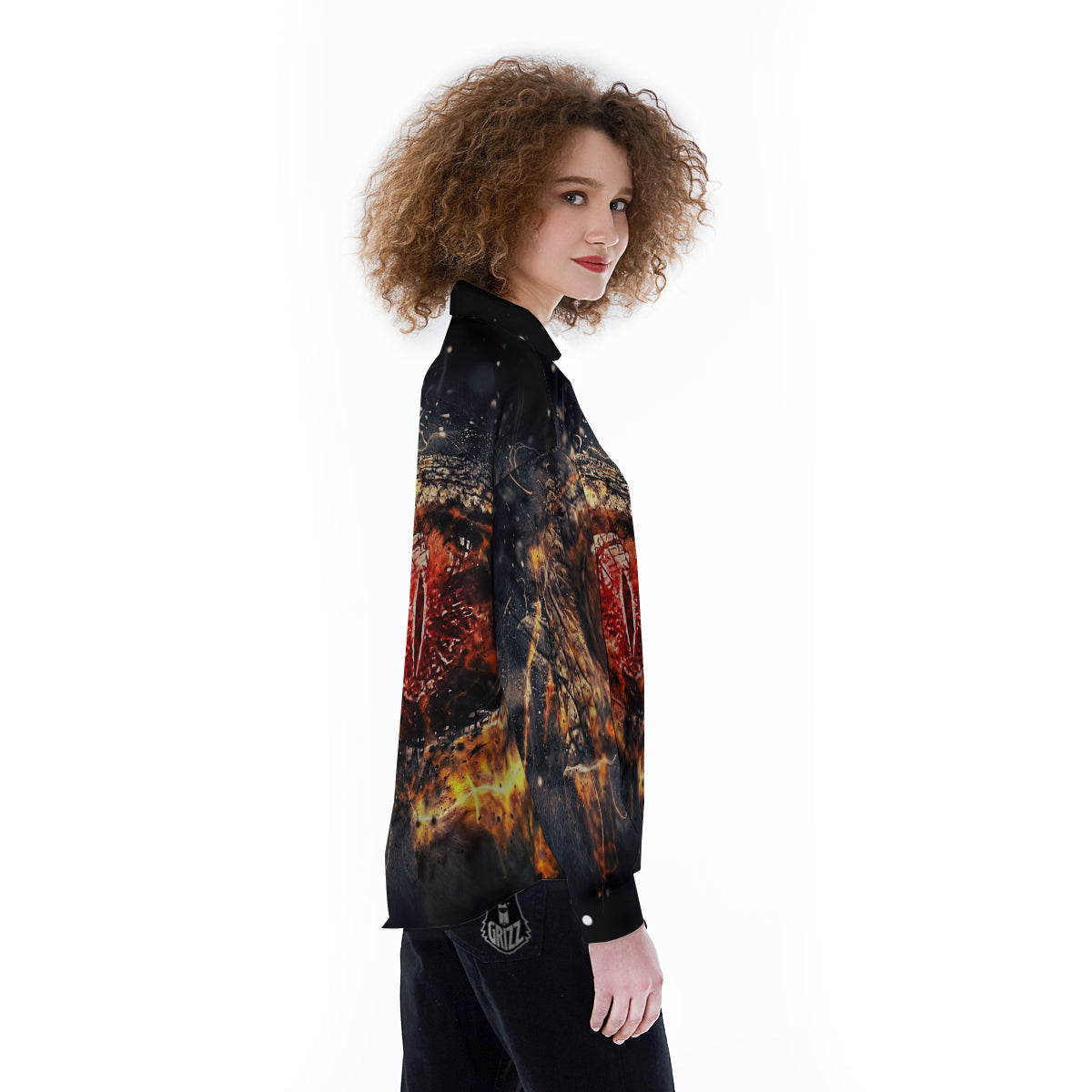Dragon Red Eye Fire Print Women's Long Sleeve Shirts-grizzshop