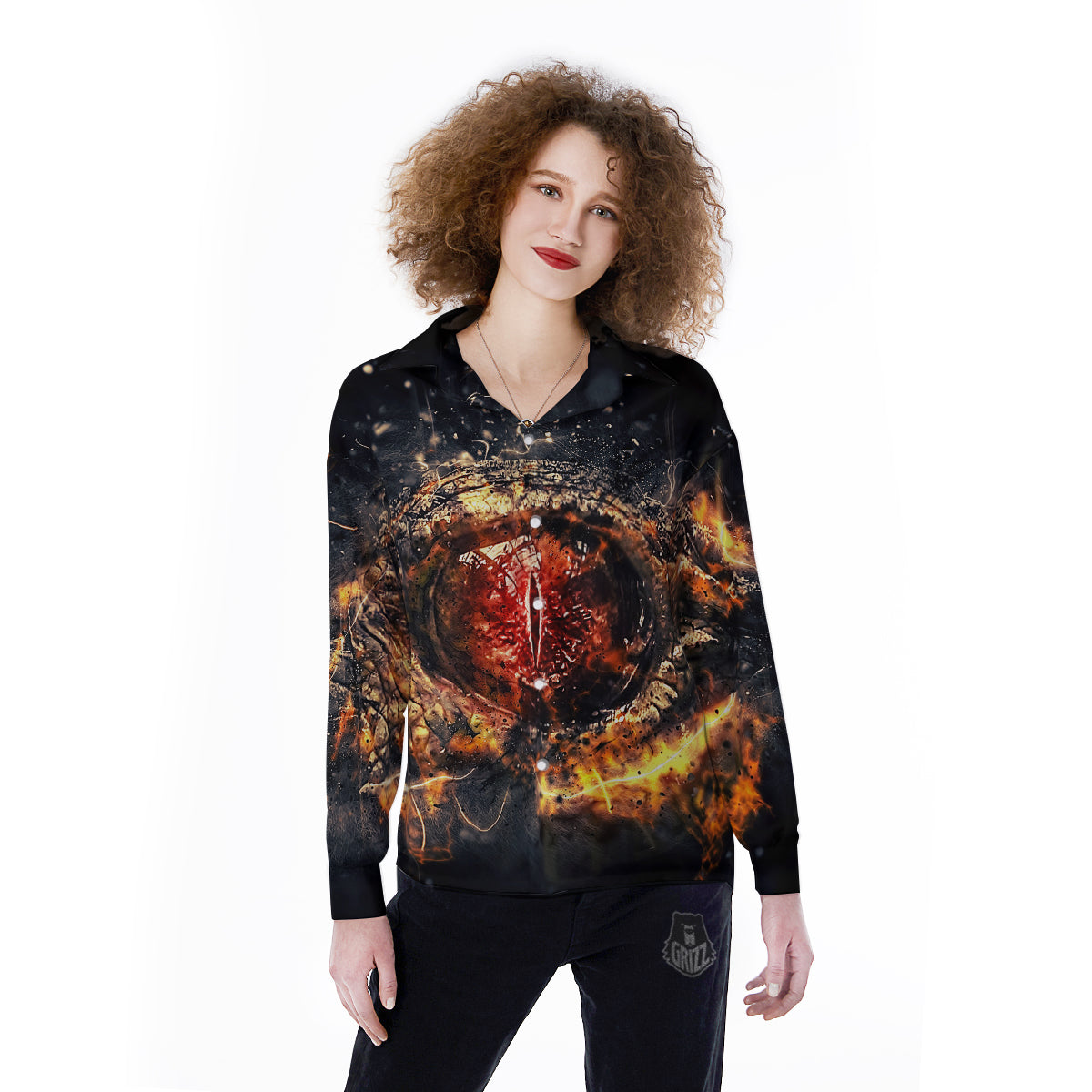 Dragon Red Eye Fire Print Women's Long Sleeve Shirts-grizzshop